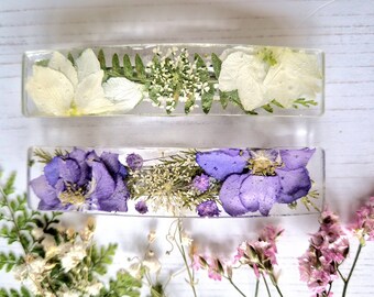 Real Pressed Larkspur Flower Hair Clip, Botanical Resin Barrette