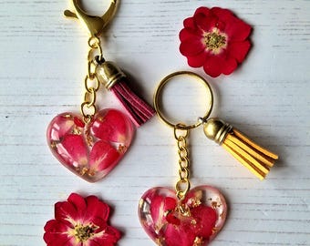 Handmade Heart Resin Keyring/ Real Pressed Rose Petals, Botanical Charm