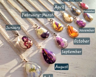 Handmade Resin Birth Flower Pendant, Recycled Sterling Silver Necklace