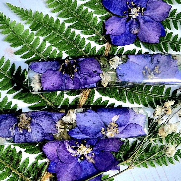 Real Flower Hairclip/ Purple Larkspur Flower Hair slide/ Botanical French Barrette Hairclip/Handmade Hair Accessories/Dried, pressed Flowers