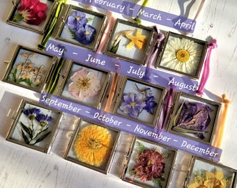 Pressed Flower Birth Month Frame, Silver Botanical Keepsake, Recycled Glass Gift