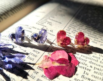 Real Flower Heart Earrings/Lavender, Bluebell and Silver Leaf Studs/Rose and Gold/Preserved Botanical Jewellery/Handmade in the Uk