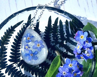 Forget-Me-Not Flower Pendant, Handmade Resin Necklace, Recycled Silver Chain
