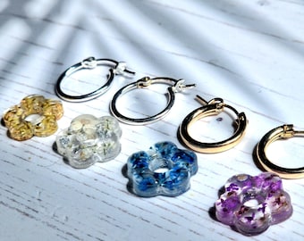 Handmade Pressed Real Flower Hoop Earrings, Sterling Silver or Gold