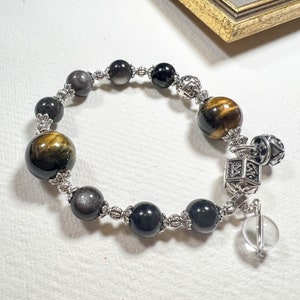 Silver Sheen Obsidian /  Tiger’s Eye Stone / Clear Quartz / Buddhist Mantra / Charmed Gemstone Energy Wishing Beaded Bracelet