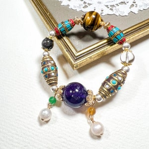 Tibetan Dzi / Amethyst  / Clear Quartz  / Yellow Tiger Eye / Silver Sheen Obsidian / Pearl / Charmed Gemstone Energy Wishing Beaded Bracelet