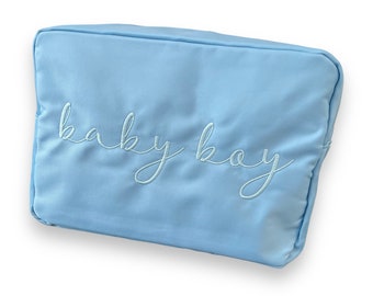 Baby Boy Nylon Large Pouch - Embroidered Sky Blue Baby Shower Gift, Diaper Bag, Hospital Bag