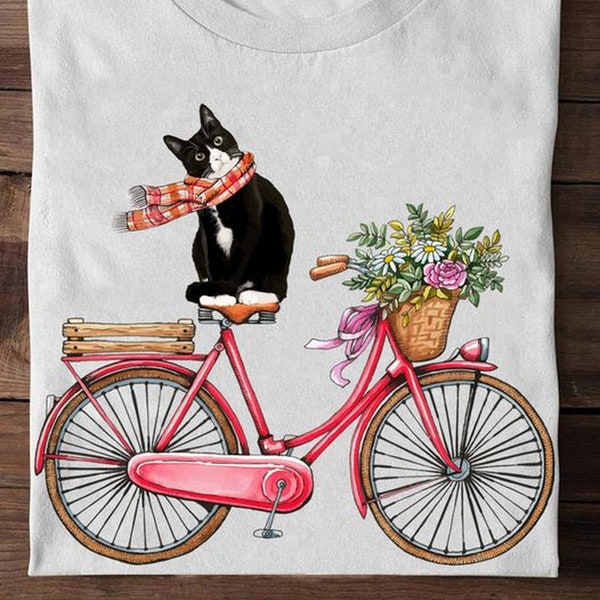 Tuxedo Cat With Scarf Sitting On A Red Floral Bike T-shirt For Women, Cat Lover Watercolor Cat Shirt, Cat Mom Gift, Tuxedo Cat Lover Present
