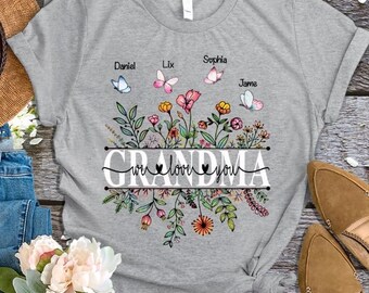 T-shirt personnalisé pour la fête des mères, fleurs sauvages de grand-mère avec noms de petits-enfants, cadeau de fête des mères nous vous aimons grand-mère pour grand-mère