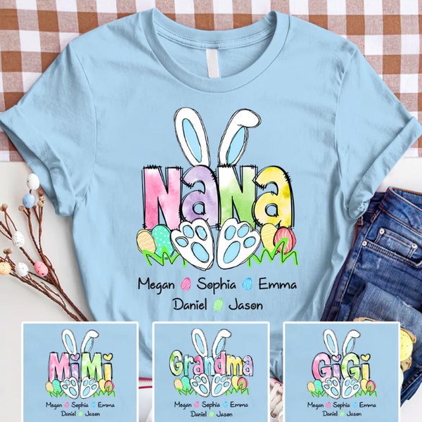 Personalized Nana Bunny With Kid Easter Day Shirt, Custom Kids Name Shirt Easter Day Gift For Mom Grandma, Cute Easter Bunny Mimi Shirt