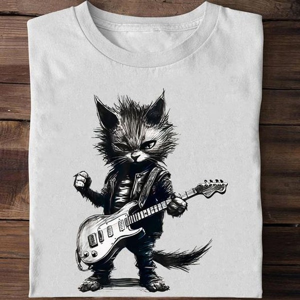 Vintage Retro Rock Cat Playing Bass Guitar T Shirt, Musical Band Cat Guitarist Tee, Cat Mom Cat Dad Gifts, Rock Guitarist Cat Lovers Shirt