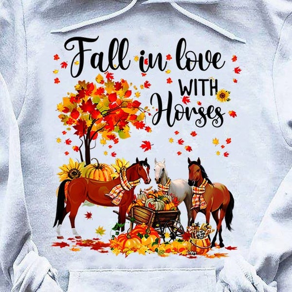 Fall In Love With Horses Autumn Leaves T-shirt, Horses With Scarfs Shirt, Fall Leaves Tee, Horse Lovers Shirt Gift, Horse Owner Tee Presents