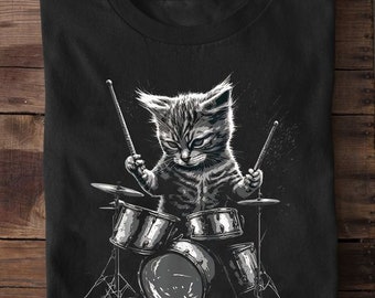 T-shirt chaton batteur de groupe de rock jouant de la batterie, chemise rocker, cadeau pour amoureux des chats, t-shirt cool chaton pour les amateurs de rock, batteurs chat maman chat papa