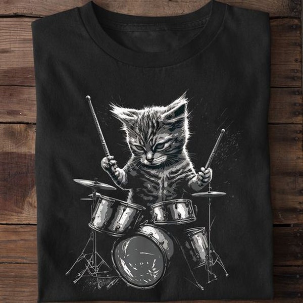 T-shirt chaton batteur de groupe de rock jouant de la batterie, chemise rocker, cadeau pour amoureux des chats, t-shirt cool chaton pour les amateurs de rock, batteurs chat maman chat papa