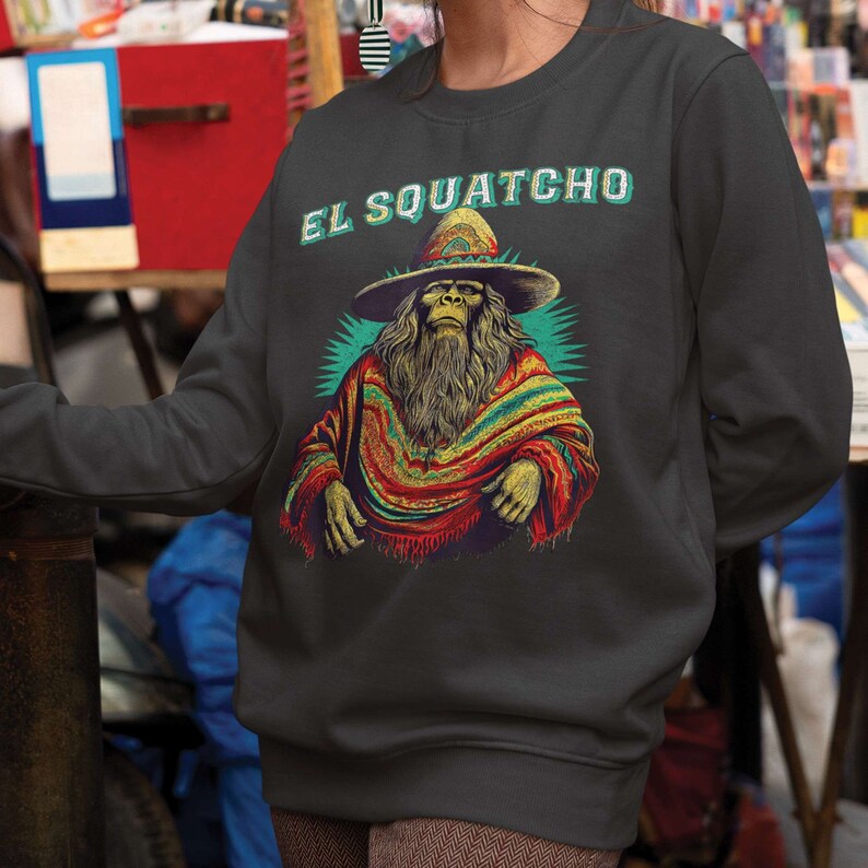 Retro El Squatcho Poncho Western Bigfoot Funny Sasquatch T-Shirt, Bigfoot With Mexico Sombrero Hat, Funny Gift For Bigfoot Lover, Cool Tee image 2