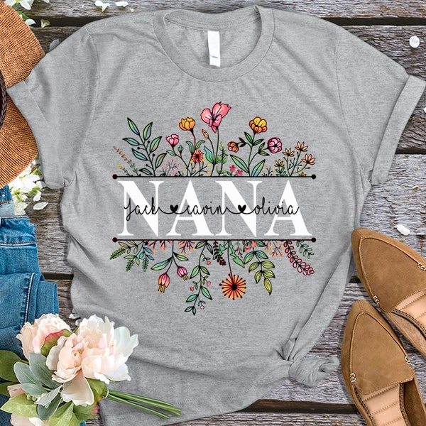 Personalisierte Oma Nana Wildblume mit Enkelkind Name Muttertag T-Shirt Geschenk für Mama Oma, Floral Nana Shirt, Benutzerdefinierte Kinder Name Shirt