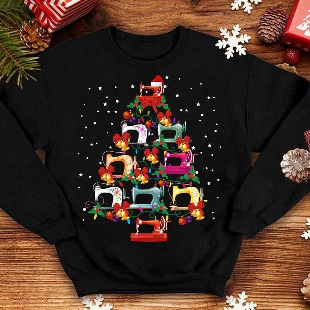 Funny Snowing Sewing Machine Christmas Tree Sweatshirt, Sewing Lover