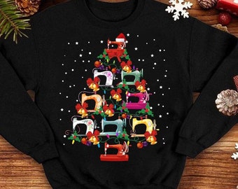 Funny Snowing Sewing Machine Christmas Tree Sweatshirt, Sewing Lover Xmas Hoodie, Quilting Lover Shirt, Tailor Sewing Machine Xmas Tee Gifts