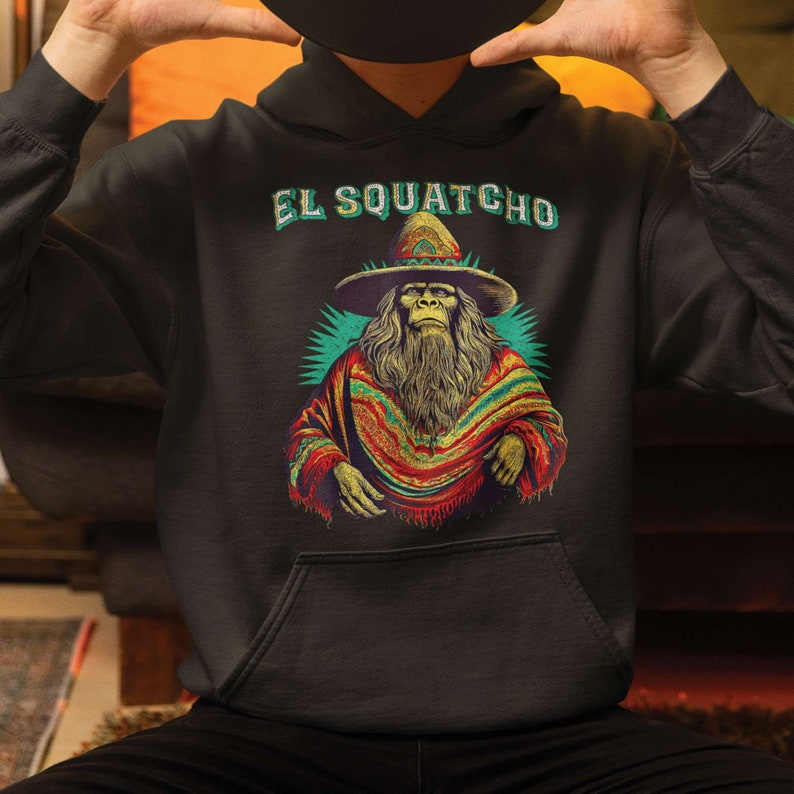 Retro El Squatcho Poncho Western Bigfoot Funny Sasquatch T-Shirt, Bigfoot With Mexico Sombrero Hat, Funny Gift For Bigfoot Lover, Cool Tee image 3