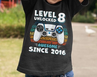 Chemise de joueur drôle de garçon de 8e anniversaire, niveau 8 débloqué génial depuis 2016, cadeau de chemise d'anniversaire de jeu de jeu, chemise de fête d'anniversaire de 8 ans