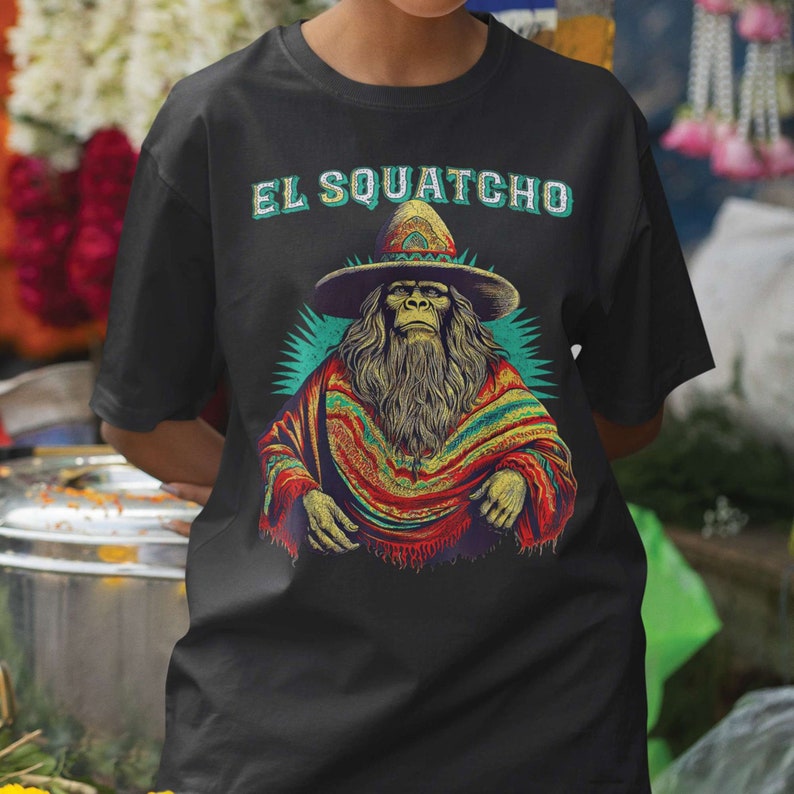 Retro El Squatcho Poncho Western Bigfoot Funny Sasquatch T-Shirt, Bigfoot With Mexico Sombrero Hat, Funny Gift For Bigfoot Lover, Cool Tee image 9