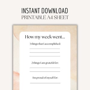 Weekly Review, Gratitude Worksheet, Reflection Worksheet, Weekly Reflection PRINTABLE Instant Download PDF