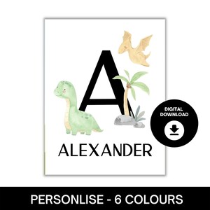 Impresión personalizada de dinosaurio con letra inicial / Arte mural unisex para habitación de bebé / Arte mural unisex para sala de juegos / Digital / Regalo para habitación de bebé / Tamaño A4 y tamaño carta