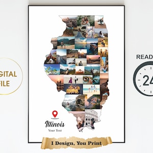 Colagem de fotos de mapa de Illinois, presente de viagem de Illinois, colagem de fotos de mapa, presente de viagens, presente para impressão de Illinois, colagem de fotos de Illinois