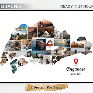 Colagem de fotos de mapa de Singapura, presente de viagem de Singapura, colagem de fotos de mapa, presente de viagens, presente para impressão de Singapura, colagem de fotos de Singapura