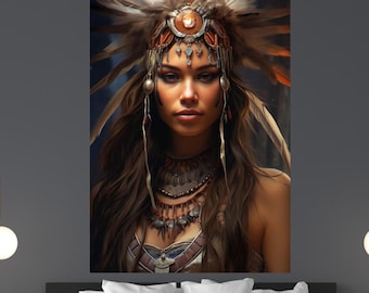 Cultural Art,Native American Girl Canvas,American Indian Art, Woman Canvas Print,Native Indian Woman Painting,Large Ethnic Wall Decor