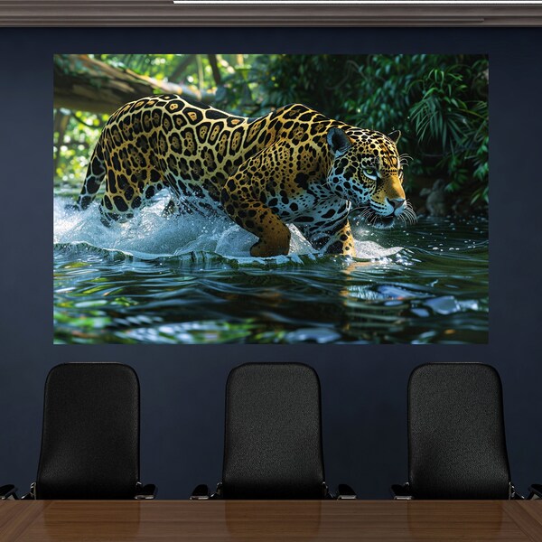 Image of a Jaguar, Nature painting a wild soul, Panoramic photography A Jaguar walking in the water, Printed image of nature at its finest