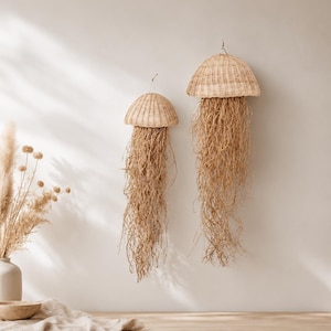 Handvävd väggdekoration i rotting med maneter - set om 2 | Kuststil | Boho-hängande | Konst i naturlig bambu