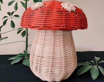 Mushroom Basket, Handwoven Bamboo Rattan Mushroom, Red Mushroom, Bamboo Mushroom Storage, Gift for Kids, Nursery Room, Home Decore