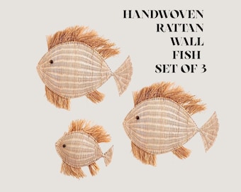 Handwoven Rattan Wall Fish Family – Set of 3 | Coastal Boho Wall Decor | Natural Bamboo Fish | Eco-Friendly Nursery Art | Sustainable Home
