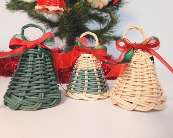 Set of Green Rattan Christmas Bells, Bamboo Rattan Handwoven Bells, New Year's Tree Ornaments, Rattan Handmade Ornaments, Xmas Bell Decor