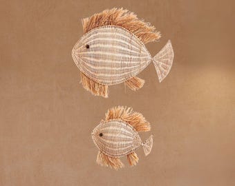 Handwoven Rattan Wall Fish Decor - Set of 2 | Coastal Boho Hanging
