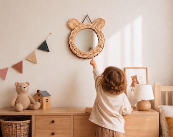 Handmade Rattan Bear Mirror | Boho Nursery Decor | Bear Wall Mirror | Kids Room Decor