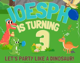 Volantino per il compleanno di Three Rex / Invito per la festa dei dinosauri (modello Canva modificabile)
