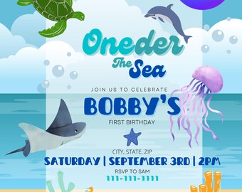 Invito di compleanno "Sotto il mare", primo compleanno, modello Canva (download digitale)