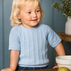 May include: A light blue short-sleeved knit sweater with a textured pattern. The sweater has a crew neck and raglan sleeves. The child is wearing the sweater. The sweater is made of a soft, comfortable material.