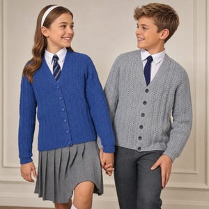 May include: A bright blue V-neck button-down cardigan with a textured knit pattern and a light gray V-neck button-down cardigan with a matching textured knit pattern, both featuring long sleeves and ribbed cuffs, worn over white collared shirts.