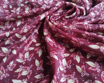 1.53 Yards 1970s Polyester Knit Dress Fabric Burgundy Leaves Flowers