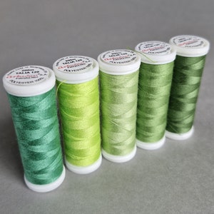 Può includere: Quattro bobine di filo verde, ciascuna lunga 200 m, etichettate "Talia 120" e "Polyester 100%". Le bobine sono disposte in fila dal verde più scuro al verde più chiaro.