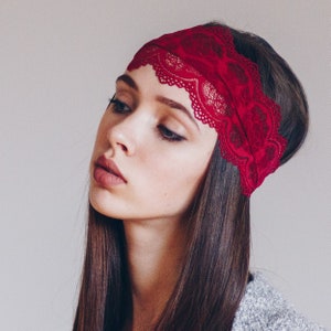 Red Lace Headband Stretch Floral Hairband Hair Band Bandana Stretchy Wide Headband Wine Red Hair Accessories Geometric Pattern