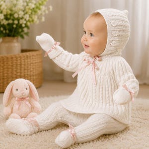 Può includere: Un completo in maglia color crema per neonati composto da un maglione a maniche lunghe con cuffietta, leggings e muffole abbinate. Il set presenta motivi a trecce verticali, delicati nastri rosa al collo e ai polsi e un coniglietto di peluche rosa.