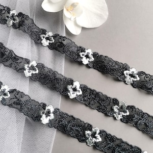 Black Embroidered Tulle Lace Trim 20mm | 6/8&quot; Floral Lace Trim Black White Flowers DIY Crafting