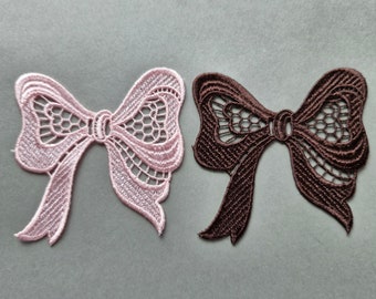Lace Bow Applique Pink Brown Sew On Embroidered Patch 1 Piece