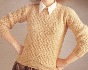 Womans Easy Knit Sweater Knitting Pattern Women's Pullover Round Neck Instant PDF Download