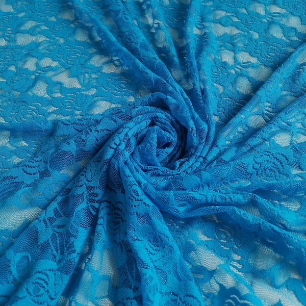 Tissu en dentelle élastique bleu, 1,53 yards, tissu floral en dentelle extensible dans 4 directions, roses bleu vif