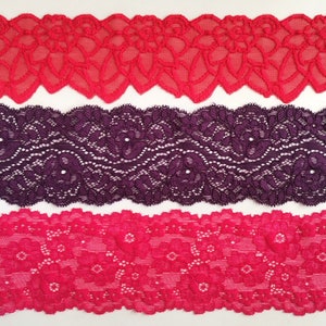 Red Purple Pink Stretch Lace Trim Double Edge Lace 7 cm / 2 6/8" Elastic Sewing Lace Lingerie Underwear Dress Making Headband Bra Making